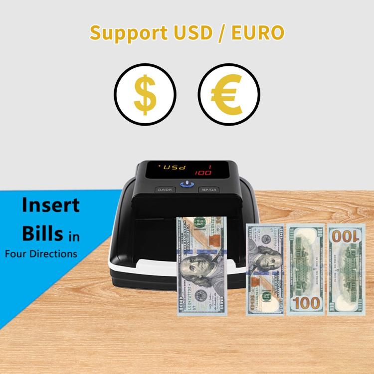 Compact USD/EURO money detector with bill feed slot and black-and-white body