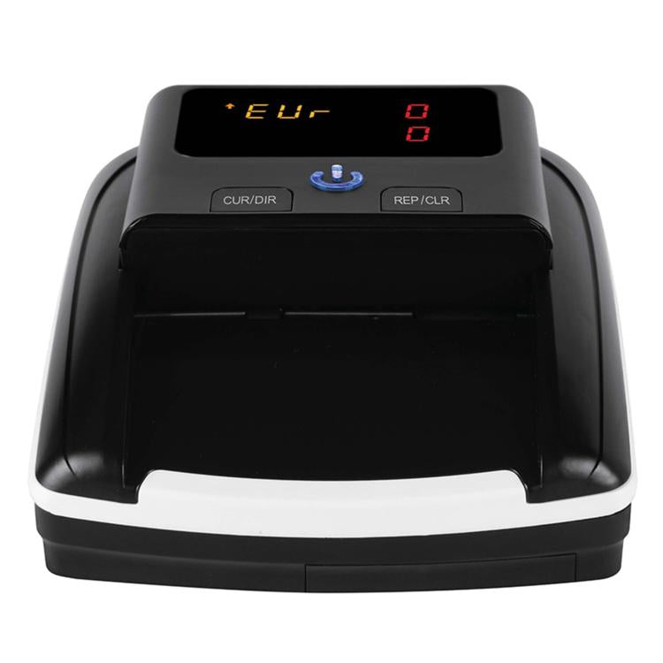 Compact money detector top panel with red/blue LCD and CUR/DIR, REP/CLR buttons