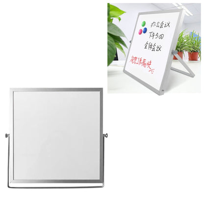 Square magnetic whiteboard with dark metal frame and corner clips, blank white surface