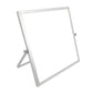 Angled tabletop magnetic whiteboard with silver frame and folding easel legs