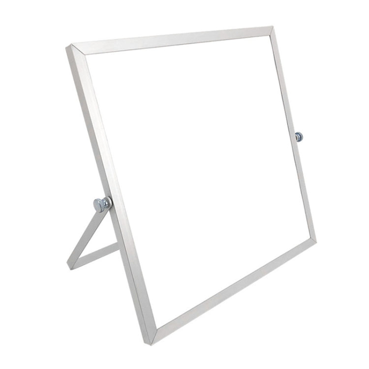 Angled tabletop magnetic whiteboard with silver frame and folding easel legs