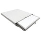 Portable magnetic writing board with white panel and hinged base, flat folded view