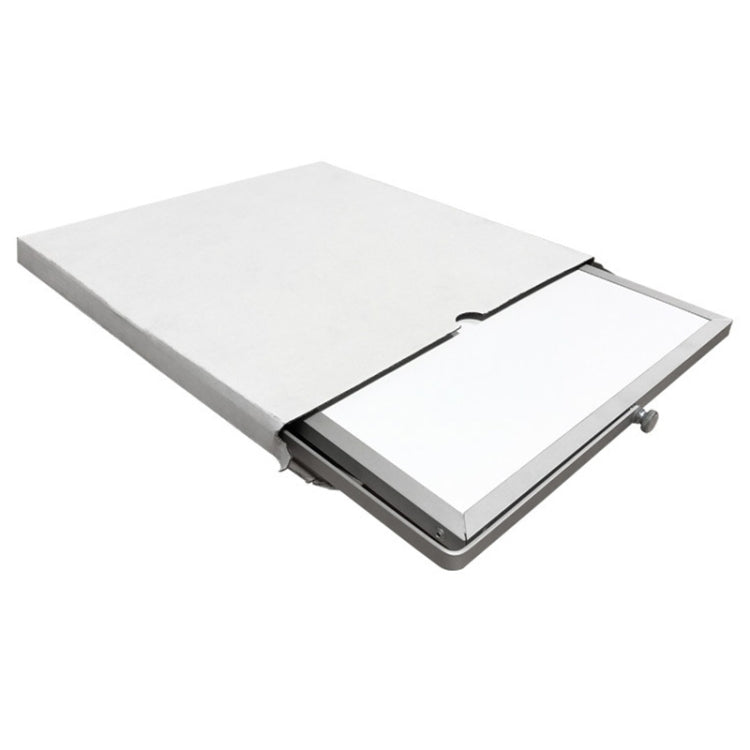Portable magnetic writing board with white panel and hinged base, flat folded view
