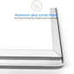 Corner of aluminum-framed magnetic whiteboard with rounded base edge and durable joint