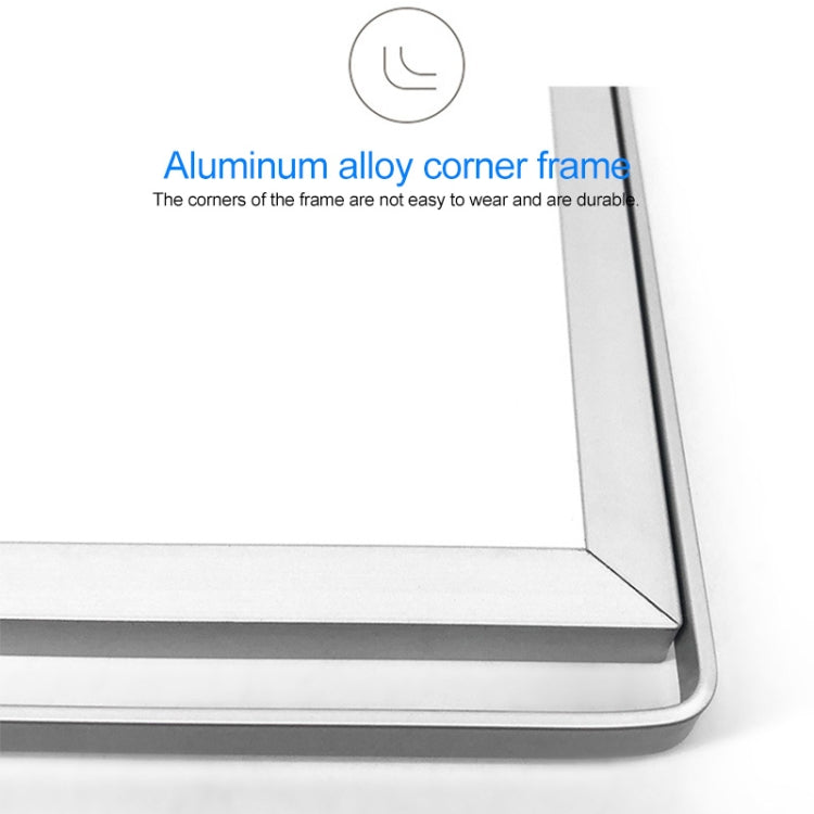 Corner of aluminum-framed magnetic whiteboard with rounded base edge and durable joint