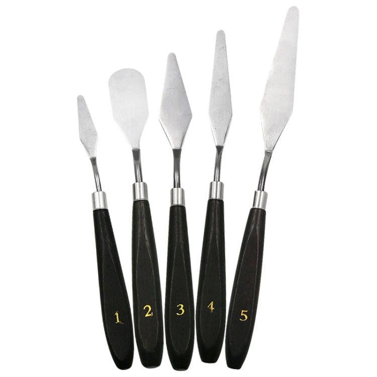 Five-piece paint scraper set with stainless blades and black numbered handles