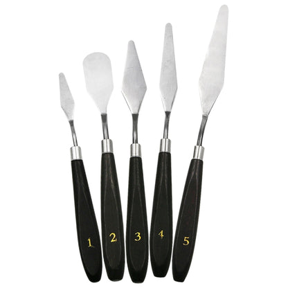 Five-piece paint scraper set with stainless blades and black numbered handles