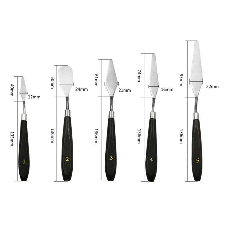 Five stainless paint scraper blades on black handles, numbered 1–5