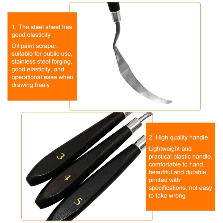Curved stainless paint scraper blade with black handle, part of five-piece set