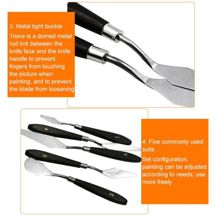 Five-piece paint scraper set with stainless blades, black handles, and metal ferrules