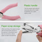 Manual hole punch with pink plastic handle and metal punch head, held by hands