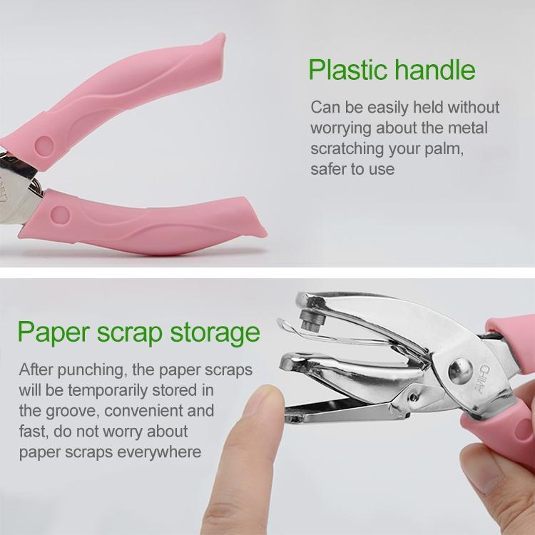 Manual hole punch with pink plastic handle and metal punch head, held by hands