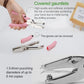 Manual hole punch with pink covered guard and silver metal punch, hand-held