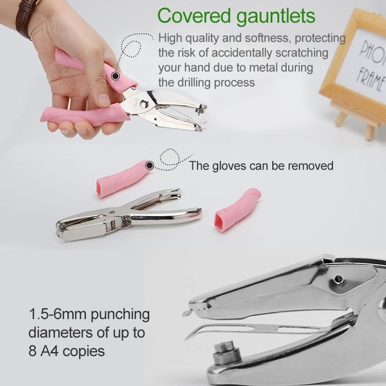 Manual hole punch with pink covered guard and silver metal punch, hand-held