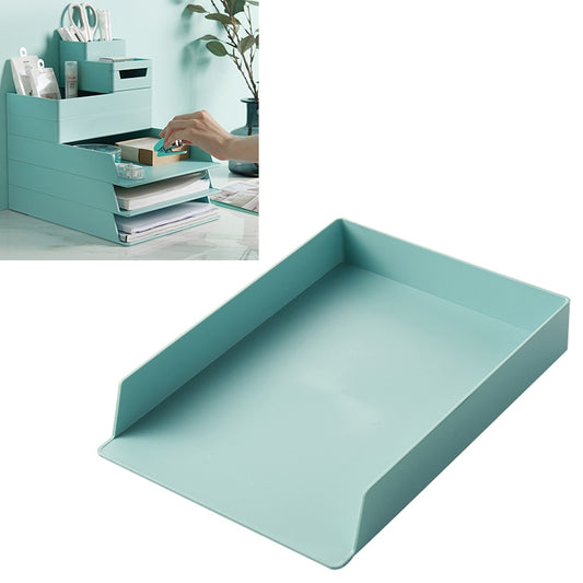 Blue-green A4 file storage box with shallow tray, open top, angled view