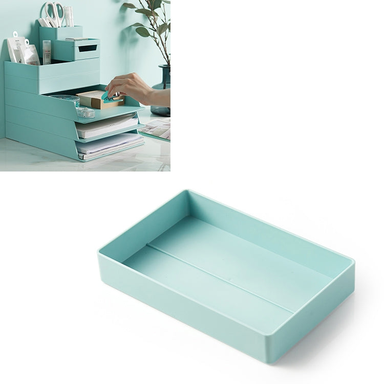 Desktop file storage box with removable tray compartments, teal blue-green color