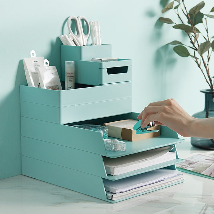 Blue-green desk file storage box with open removable tray and compartments