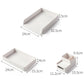 Small grey-white file storage tray shown open with size diagram