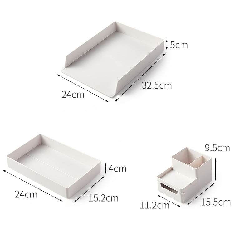 Small grey-white file storage tray shown open with size diagram