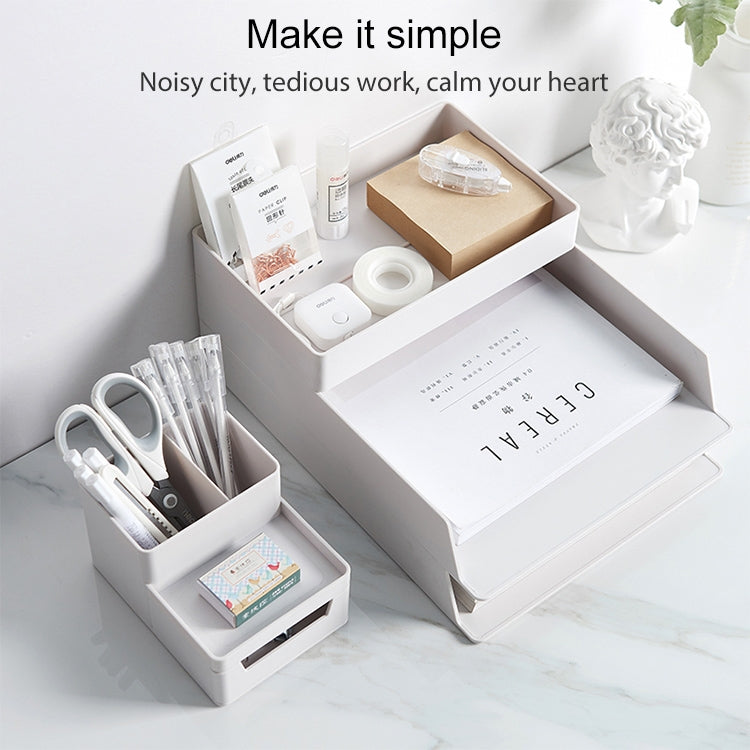 Grey-white desk organizer storage box with drawers holding stationery and papers