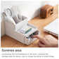 Grey-white desktop organizer box with small pull-out drawer and pen holders