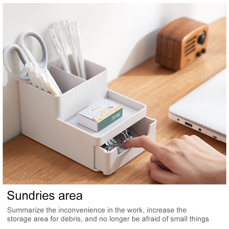 Grey-white desktop organizer box with small pull-out drawer and pen holders