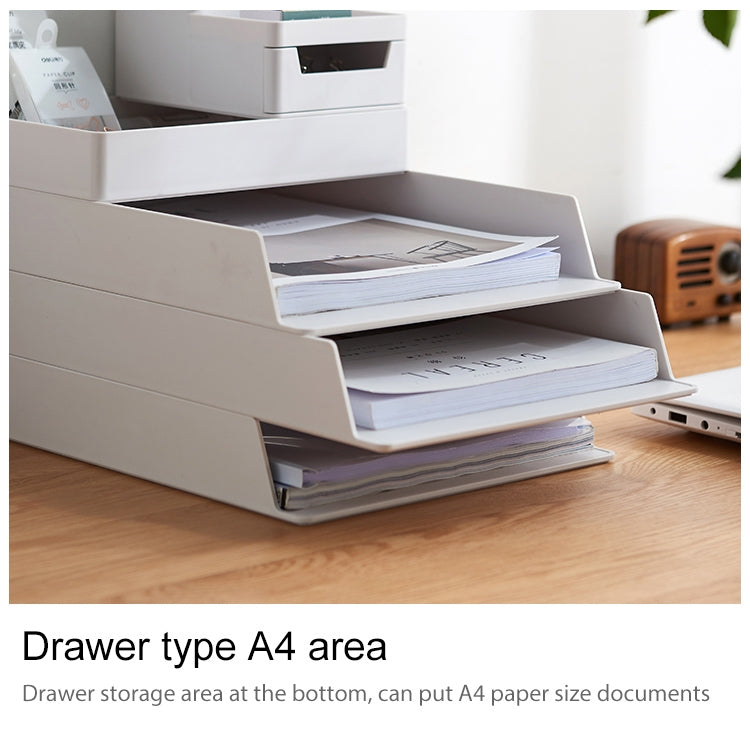 Grey-white A4 paper storage drawer organizer with front pull and open tray