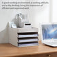 White desk organizer file storage box with stacked paper trays and pen compartments