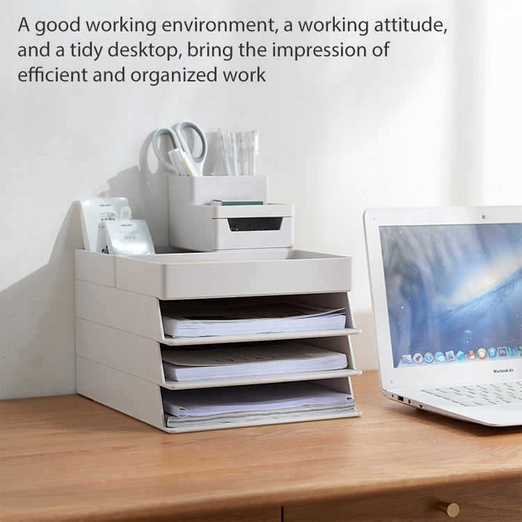 White desk organizer file storage box with stacked paper trays and pen compartments