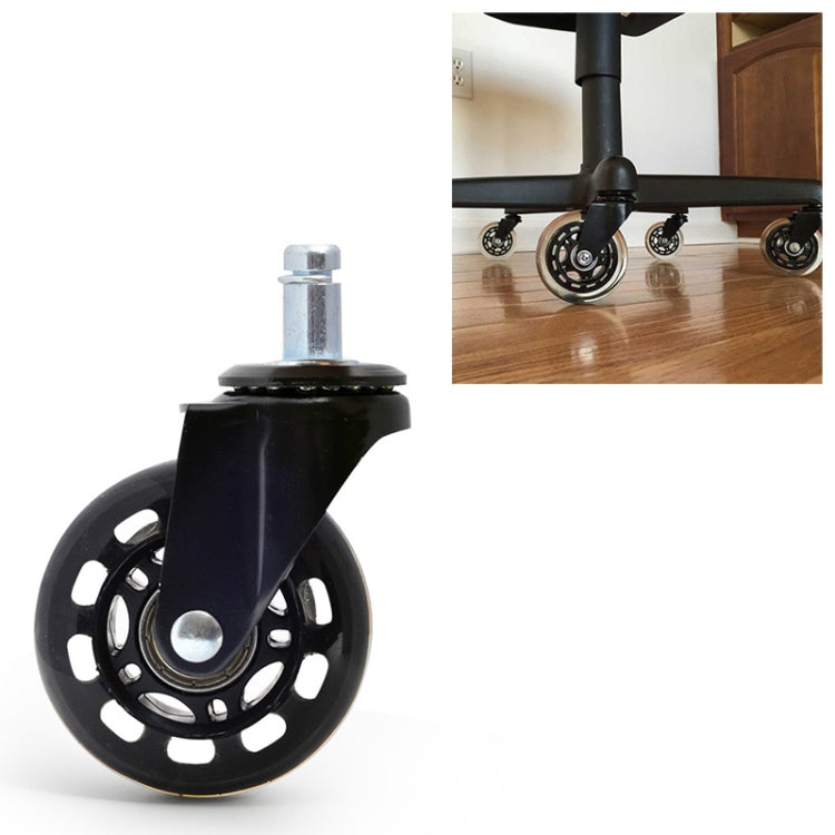 Black PU office chair caster wheel with metal stem and grooved, spoke rim
