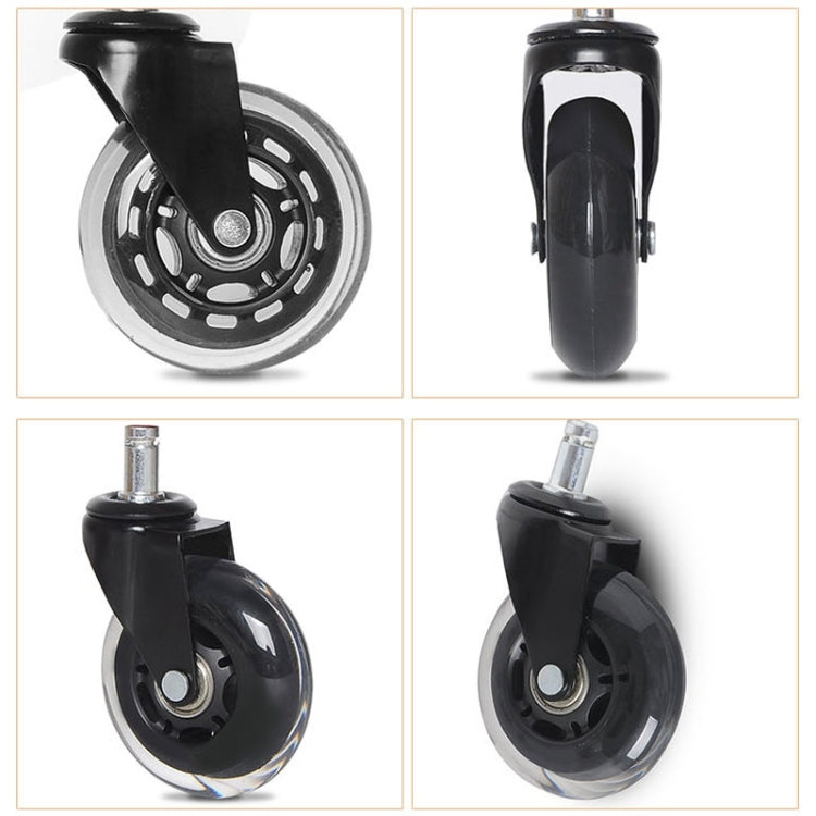 Black PU chair caster wheel with metal stem and silver inner hub in multiple angles