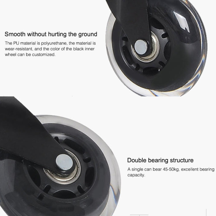 Black PU caster wheel close-up showing metal bearing and smooth, clear tread edge