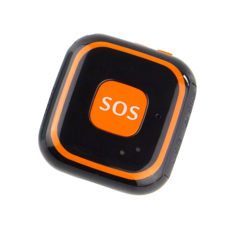 Black GPS necklace pendant with orange SOS button and small status indicator LEDs