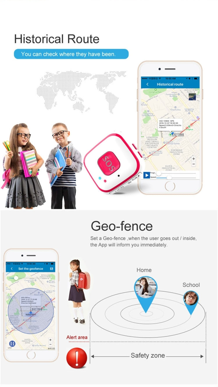 GPS tracker pendant necklace, white device with red SOS button and chain