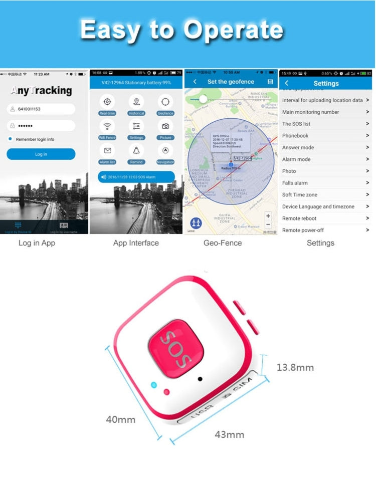 GPS tracker pendant necklace, white with red trim and SOS button