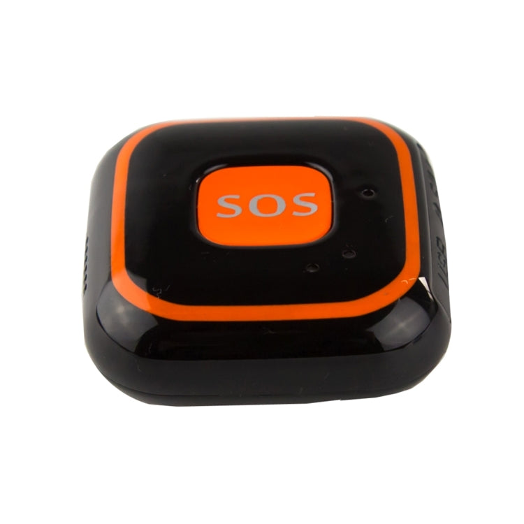 Black GPS tracker pendant with orange SOS button and front indicator lights