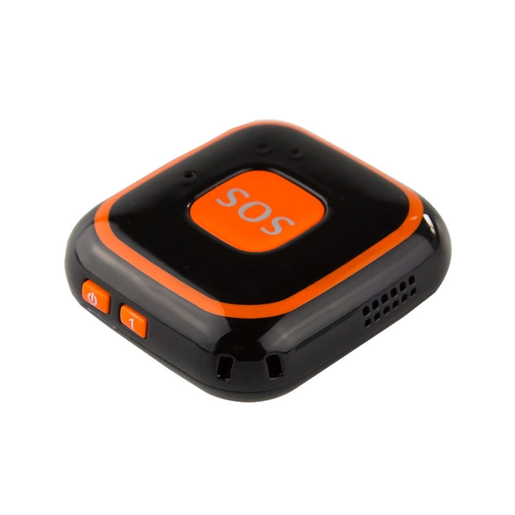Black GPS tracker pendant with orange SOS button and side charging/port area