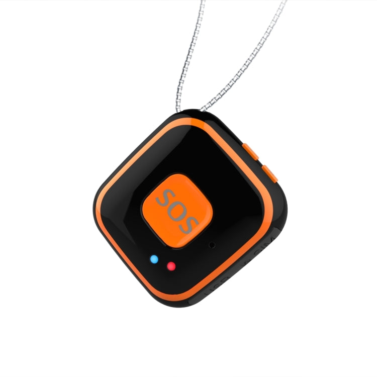 Black square GPS necklace pendant on chain with orange SOS button