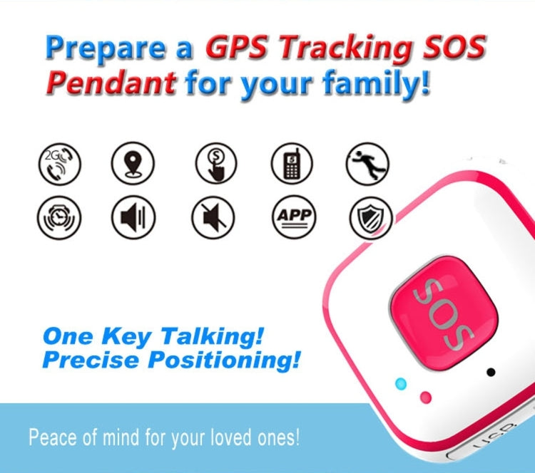 Pink GPS SOS pendant with orange SOS button and blue and red indicator lights
