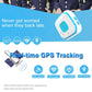 Blue GPS tracking pendant with SOS button, shown with feature icons