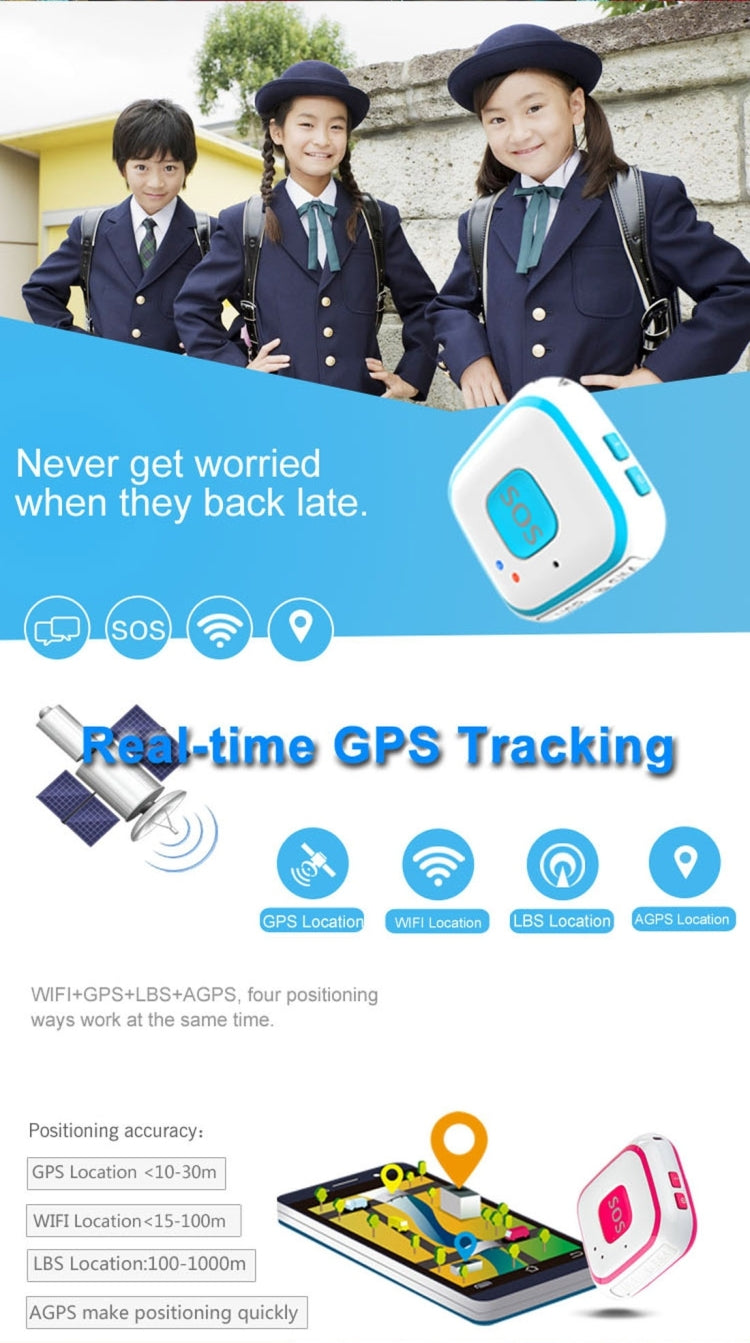 Blue GPS tracking pendant with SOS button, shown with feature icons