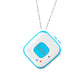 GPS tracker pendant necklace, blue-and-white device with SOS screen and silver chain