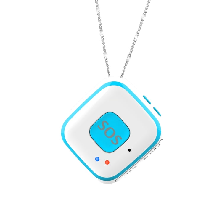 GPS tracker pendant necklace, blue-and-white device with SOS screen and silver chain