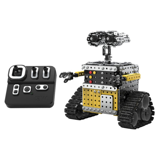DIY stainless steel remote control robot toy with black and yellow body and wheels
