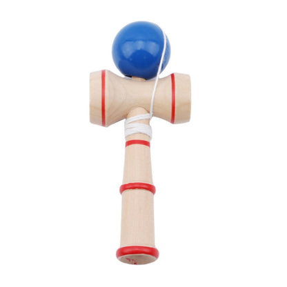 Wooden kendama skill toy with blue ball, red-striped handles, and extra string loop