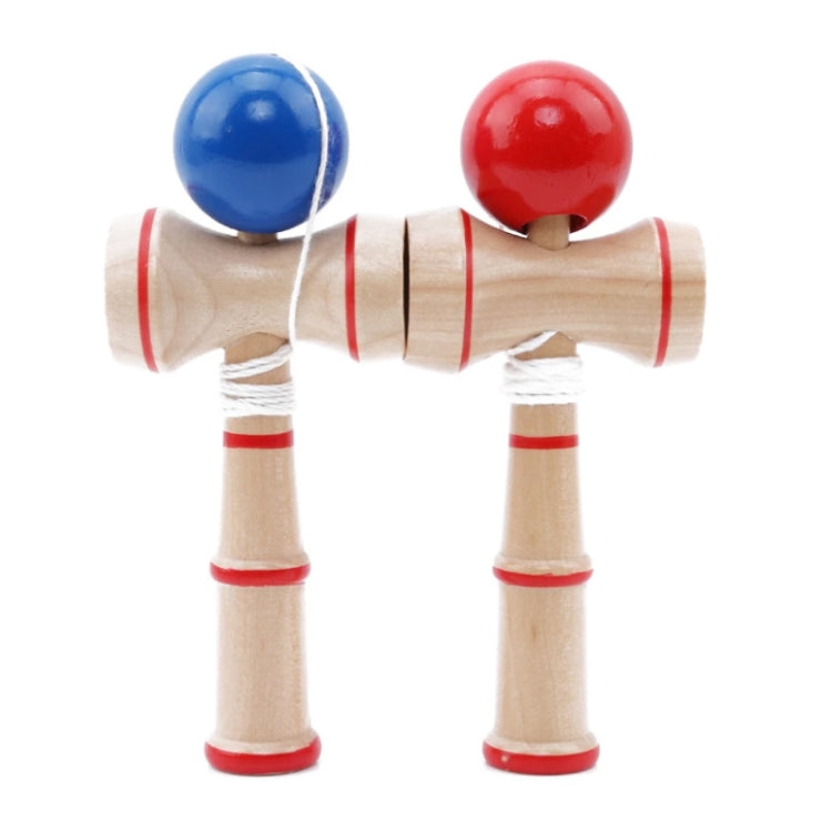 Wooden kendama skill toy with blue and red balls, red-striped wooden handles, string