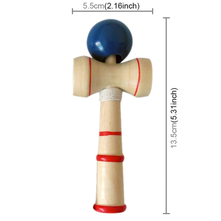 Wooden kendama skill toy with blue ball, red ring stripes, and braided string