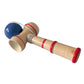 Wooden kendama skill toy with blue ball and red end caps, braided string on handle