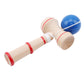 Wooden kendama skill toy with blue ball, red-striped ends, and extra string