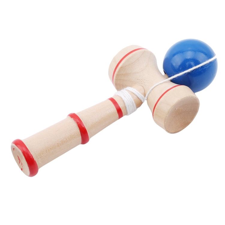 Wooden kendama skill toy with blue ball, red-striped ends, and extra string